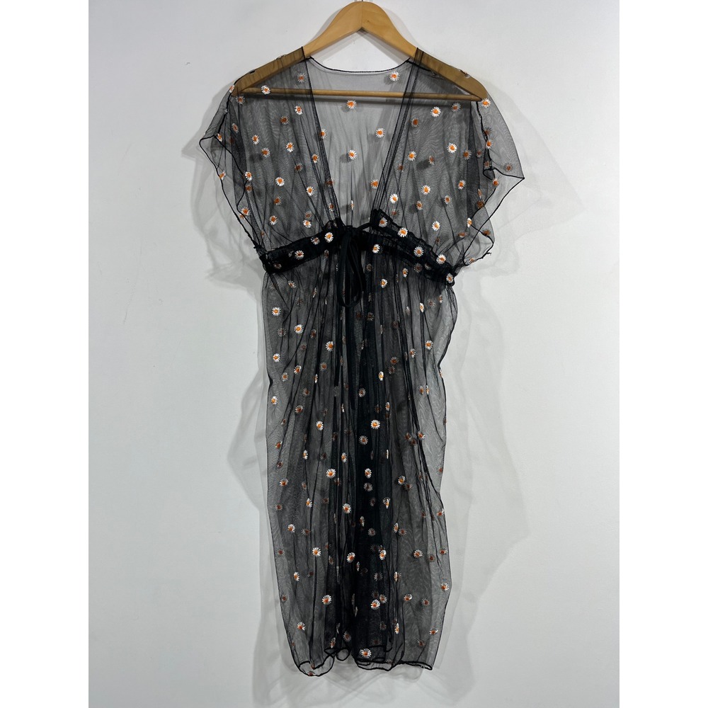 Womens Fairy Grunge Witchy Boho Mesh Daisy Embroidered Dress Sheer Whimsigoth OS